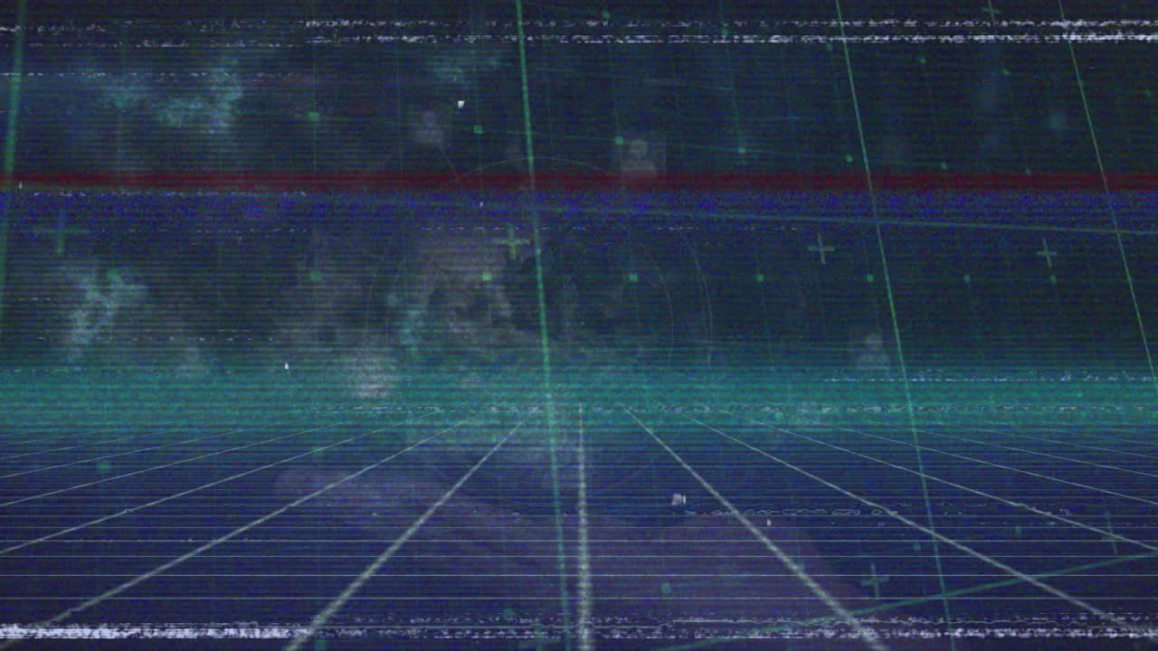 검은색 배경에 회전하는 지구를 대비하여 그리드 네트워크를 통해 데이터 처리의 애니메이션