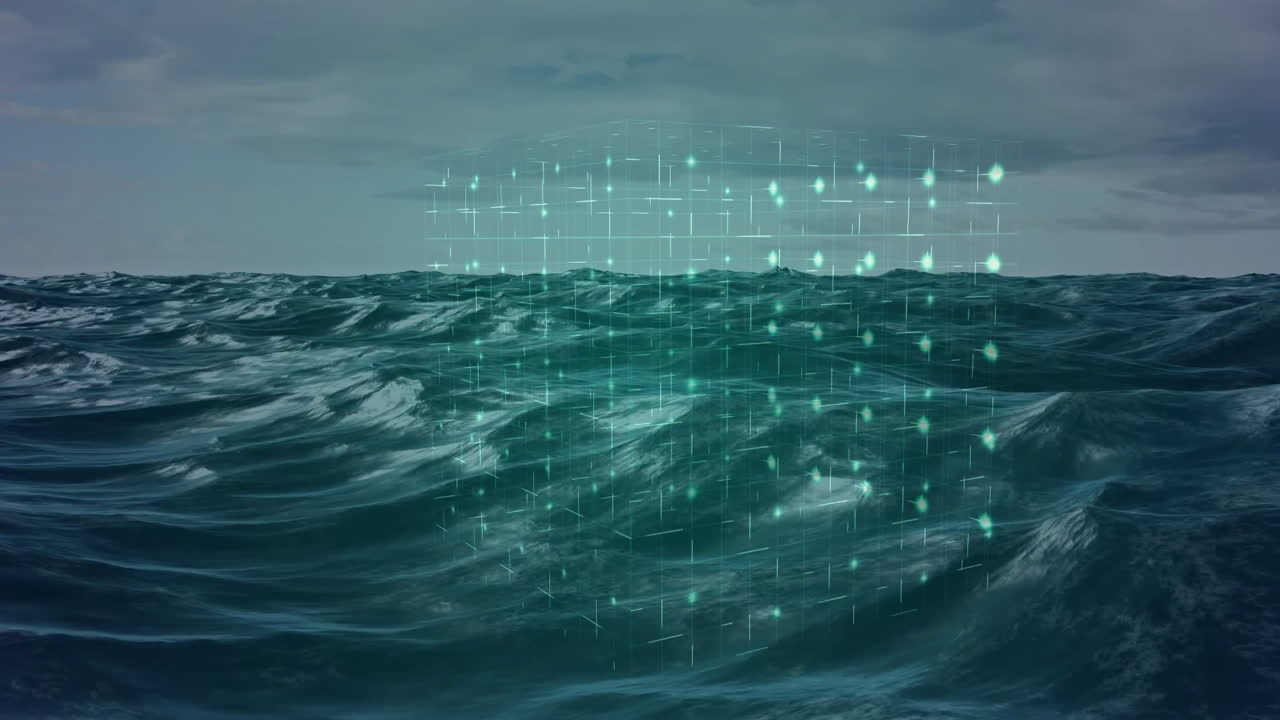 Holographic digital grid floating above ocean waves, showing glowing teal nodes mapping data flow