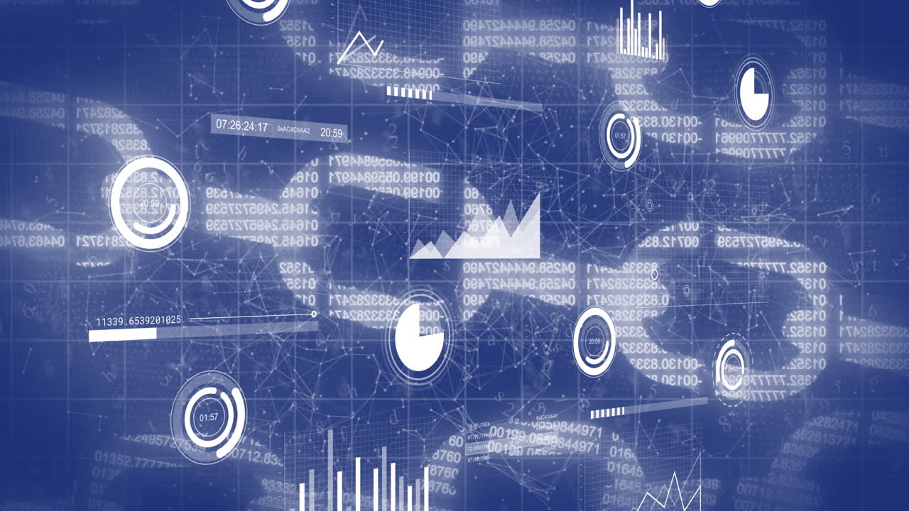 Animation of interface with statistical data processing over security chain, network of connections