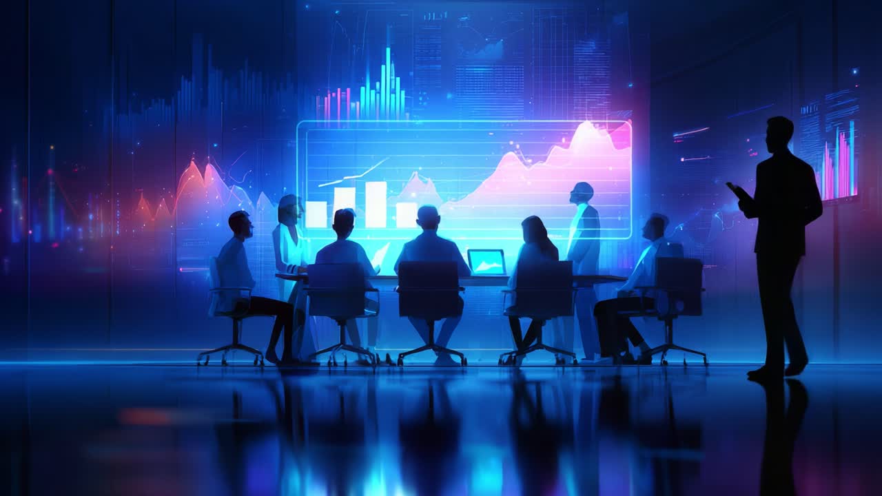 Data-Driven Decision Making: A Group of Analysts and Business Professionals Engaging in a Collaborative Meeting Surrounded by Dynamic Graphs and Visual Insights