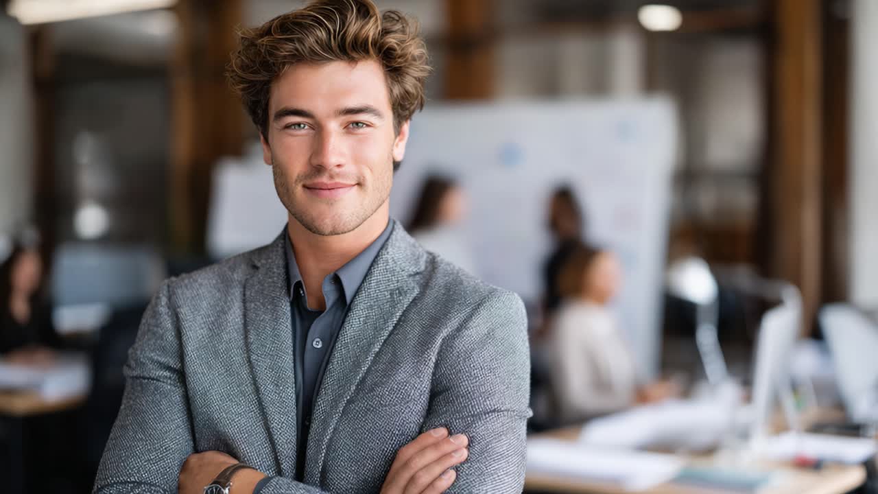 Confident Young Professional in a Modern Office Setting, Showcasing Success and Positivity Through a Charismatic Smile and Engaging Posture