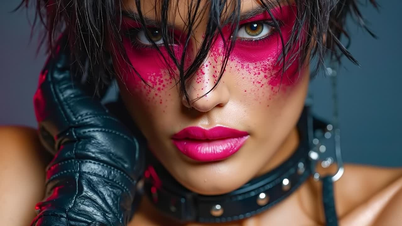 A woman with red paint on her face and black gloves