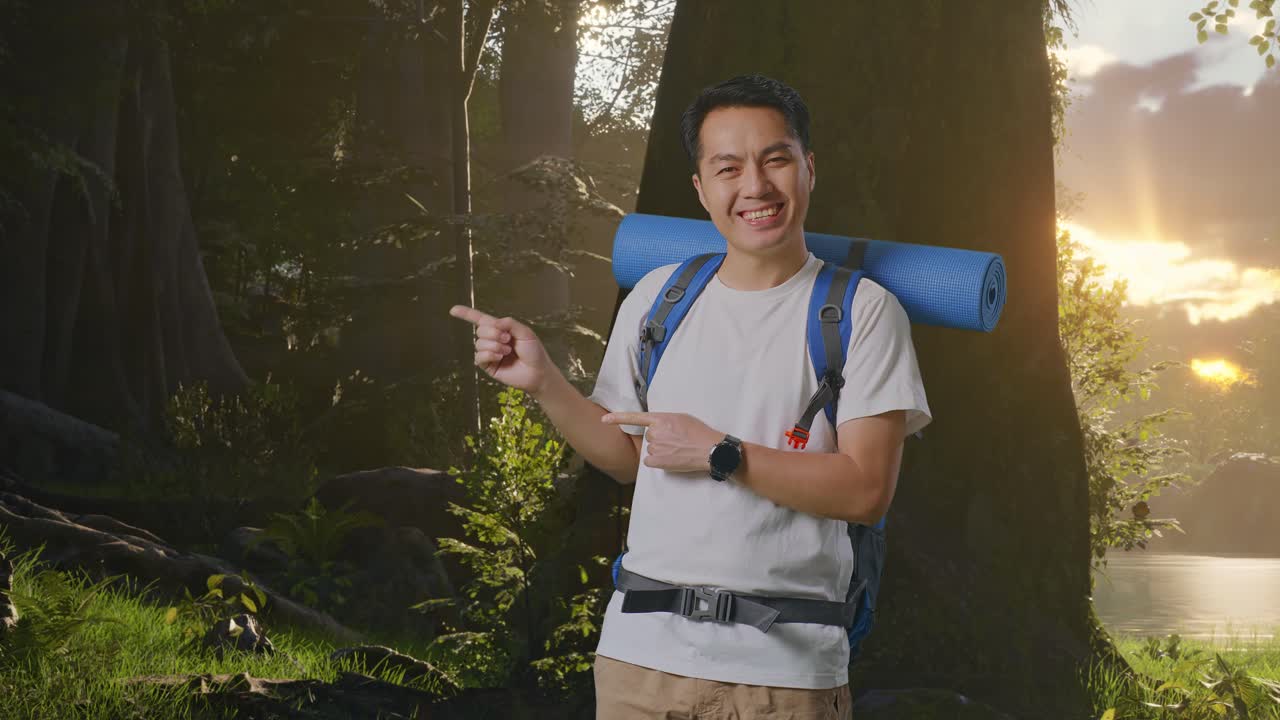 산악 배 을 들고 있는 아시아 남자 산책객 이 숲 의 자연 을 탐험 하는 동안 웃고  을 가리키고 있다