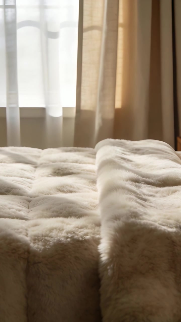 Video verticale: Sistemare un piumone di pelliccia su un letto vicino alla finestra, brezza attraverso una tenda trasparente che muove il pelo.