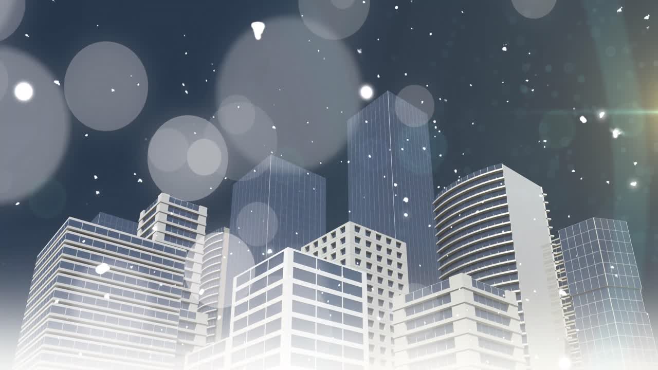animación de la nieve de navidad cayendo sobre los edificios de la ciudad y puntos de luz en el cielo nocturno