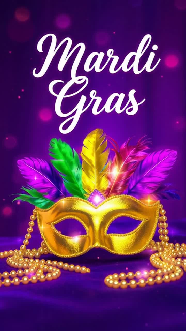 Mardi Gras festive vertical poster with golden mask and typography