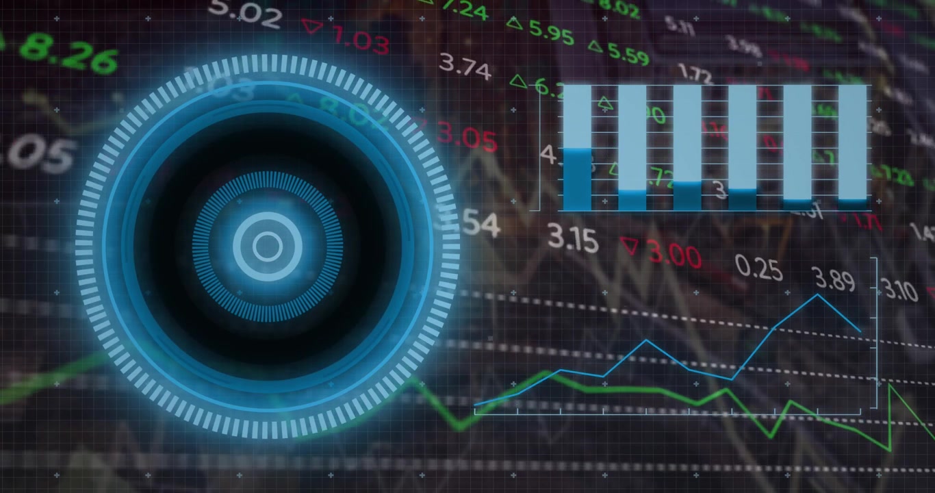 Scanner circolare che si anima sull'elaborazione di dati statistici su sfondo nero.