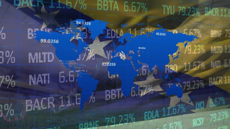 Animation of graphical loop map with stock market trading board over bosnia and herzegovina flag