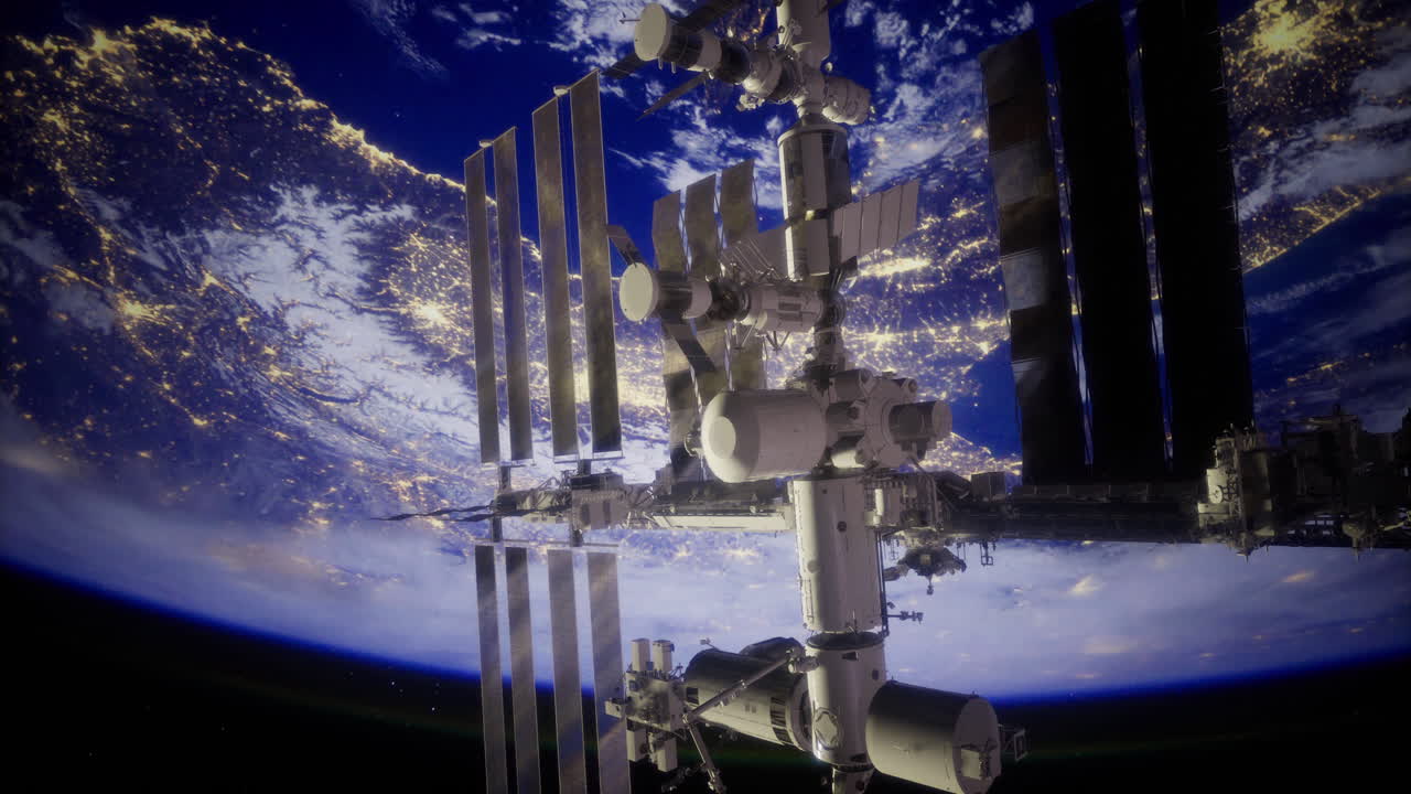 International space station orbits earth with stunning night view of cities