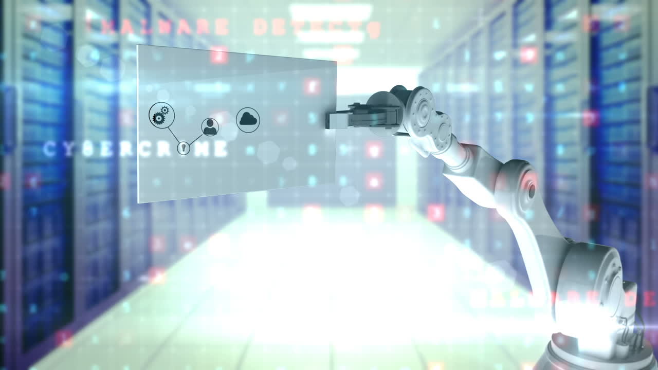 네트워크 아이콘이 있는  ⁇ 색 로 ⁇  팔을 들고 있는 카드의 디지털로 생성된 비디오