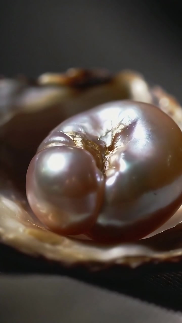Video verticale: La telecamera mette a fuoco e zooma su una perla barocca in una conchiglia, in studio, mostrando la linea della madreperla.