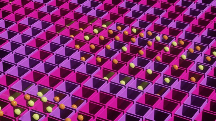 Multicolor balls and boxes in abstract animated 3d render scene. Seamless loop modern satisfying 3d animation