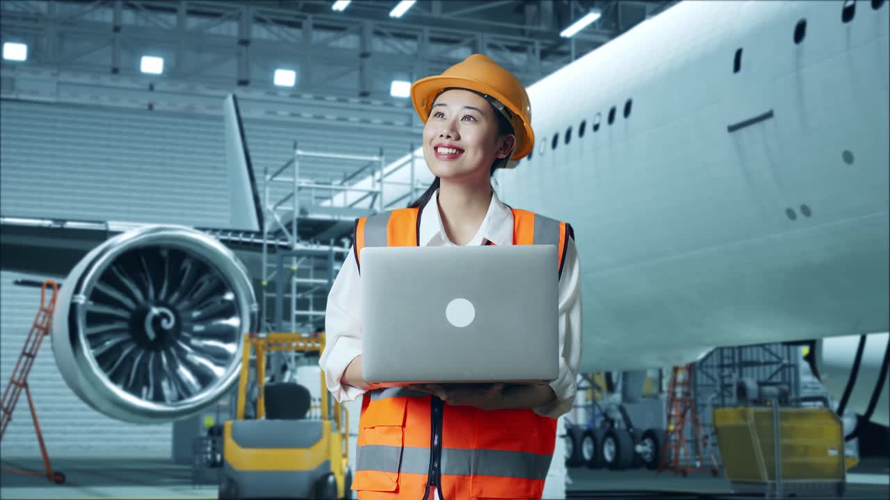 mujer ingeniera que trabaja en el mantenimiento de aviones
