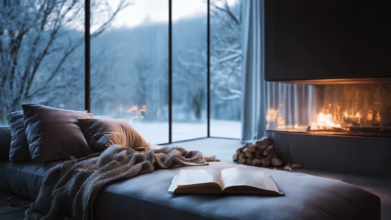 A Cozy Winter Evening by the Fireplace: A Warm, Inviting Scene Featuring a Plush Sofa with Soft Textiles, a Flickering Fire, and a Beautiful Snowy Landscape in the Background, Perfect for Relaxation and Reading