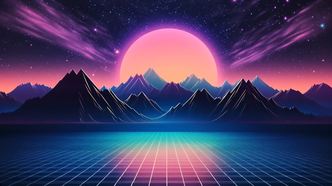 Paesaggio retrowave vibrante con montagne, sole e riflesso a griglia