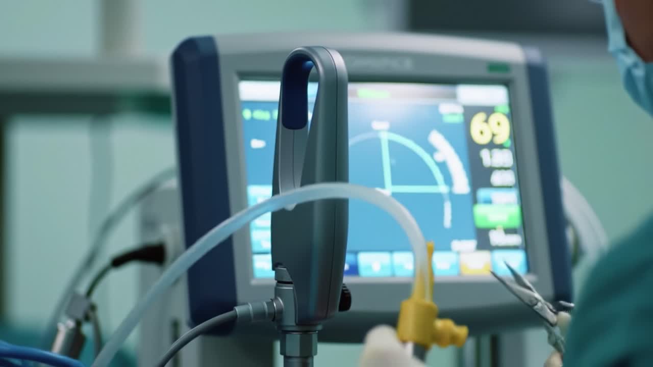 A medical professional operates a patient monitoring device in a hospital. The equipment displays vital signs and is connected to a patient, ensuring safe and effective care during treatment.