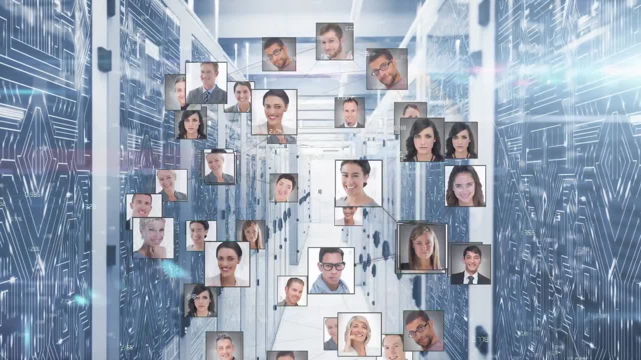 animación de iconos de personas y puntos de luz sobre la sala del servidor