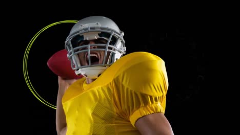 Animation-of-african-american-male-rugby-player-throwing-a-ball-against-colorful-abstract-shapes