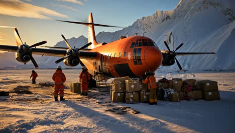 delivery operation at a remote arctic base during golden hour