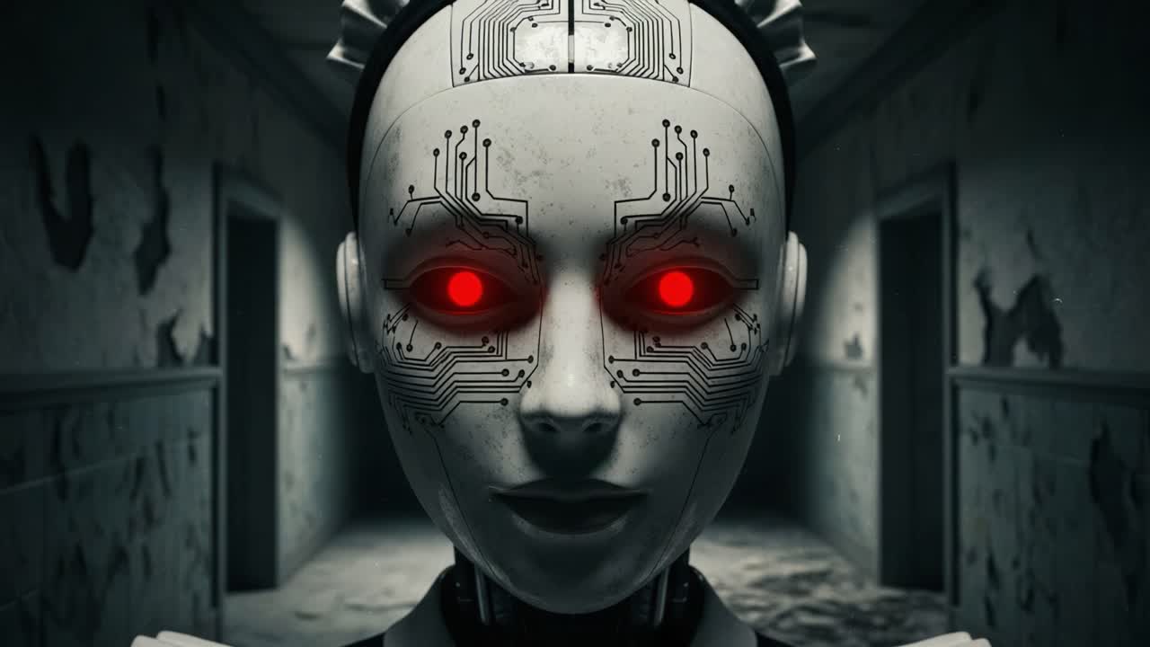 A captivating close-up of a futuristic cyborg with glowing red eyes and intricate circuitry, set against a dimly lit, eerie hallway, emphasizing the blend of technology and humanity.