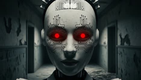 a captivating close-up of a futuristic cyborg with glowing red eyes and intricate circuitry, set against a dimly lit, eerie hallway, emphasizing the blend of technology and humanity.