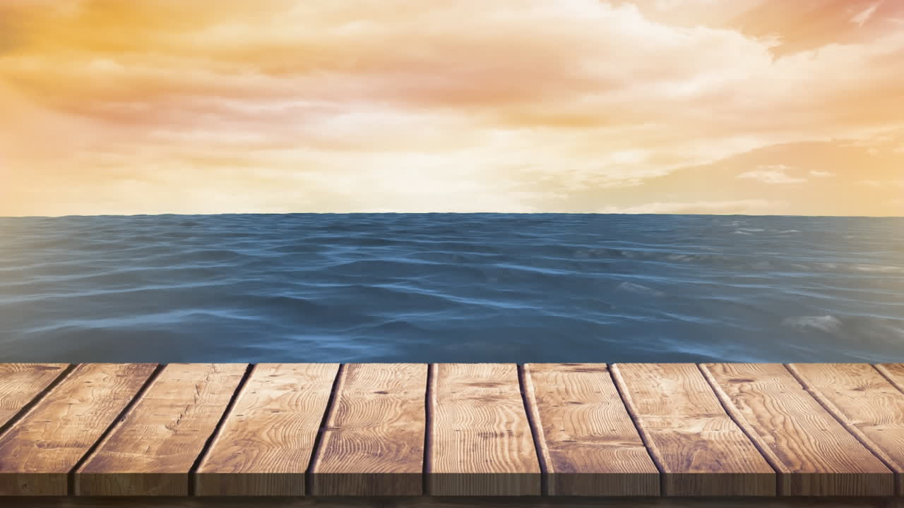 해가 지는 동안 바 ⁇ 가에서 목재 보드 산책