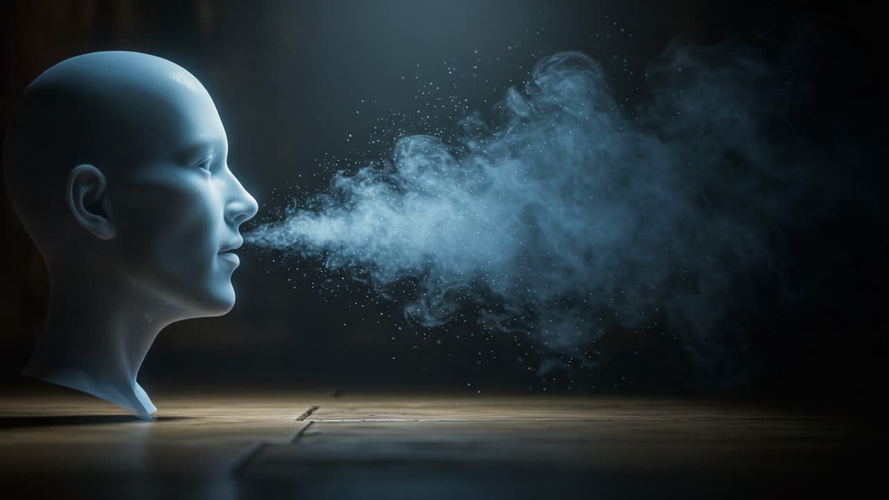 A surreal exploration of a faceless figure exhaling a cloud of mist, symbolizing the intersection of technology, abstraction, and human expression in a captivating visual narrative