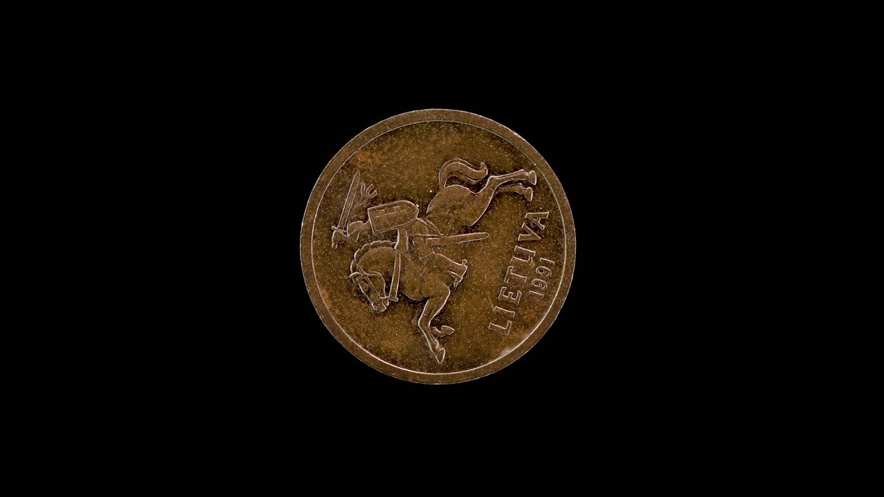 Lithuania 1991 20 centų coin obverse featuring Vytis (coat of arms) rotating on black background