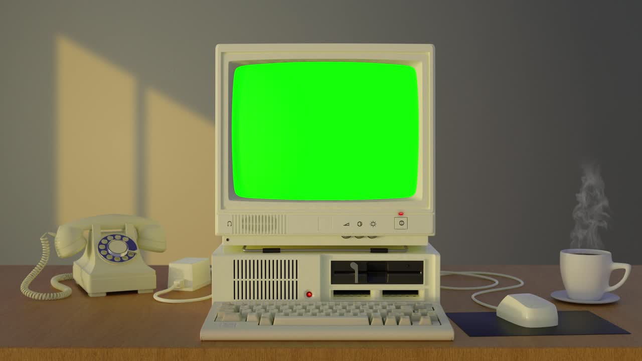 Computer Turning ON and OFF Green Screen display Glitch Vintage Old 4k