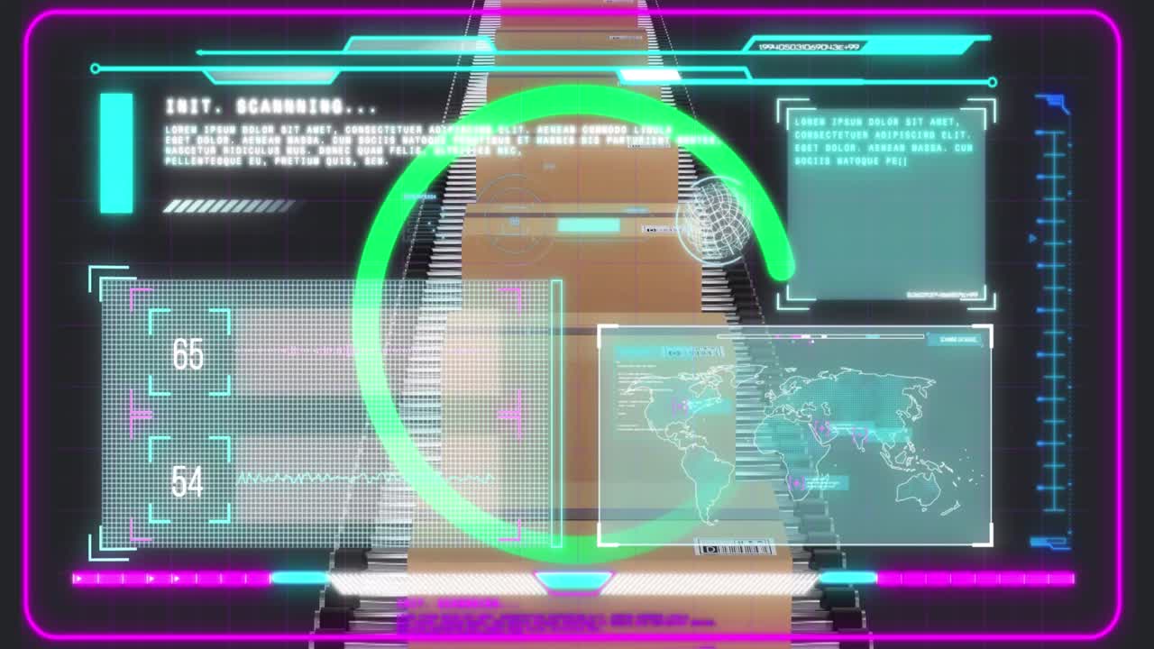 Animation of data processing over cardboard boxes on conveyor belt