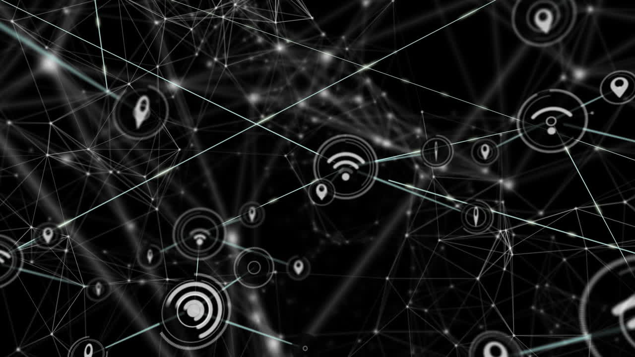 animación de la red de conexiones e iconos digitales contra un fondo negro