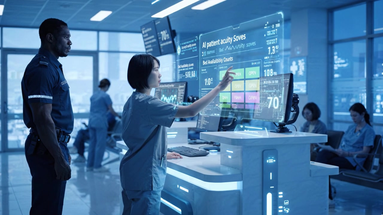 Healthcare professionals interact with advanced monitoring systems in a modern hospital setting, emphasizing patient care, technology, and collaborative teamwork.