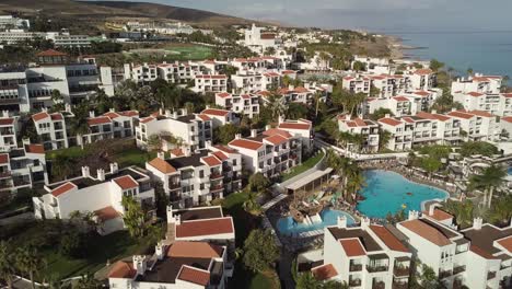 aerial pano of fuerteventura island canary spain resort on coastline atlantic ocean