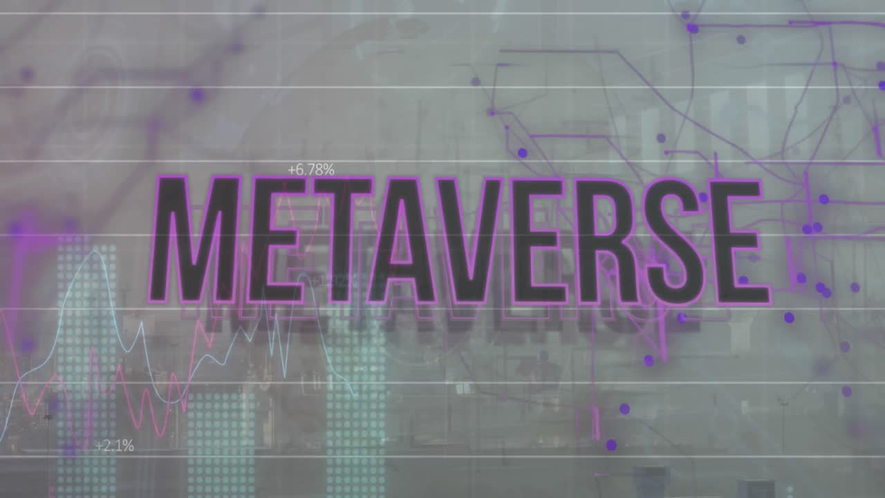 Animation of metaverse text, multiple graphs and changing numbers over abstract background