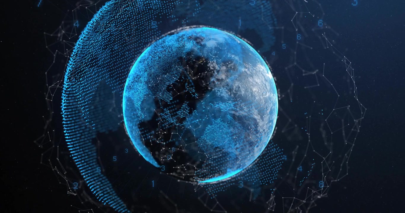 On playback dot-matrix globe rotating slowly halo sweeping network pulsing revealing right side