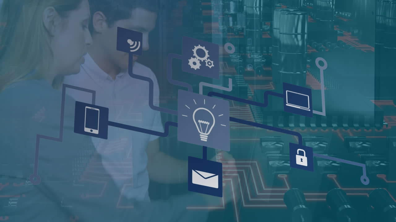 animación de una red de iconos digitales sobre ingenieros y ingenieras que trabajan en la sala del servidor