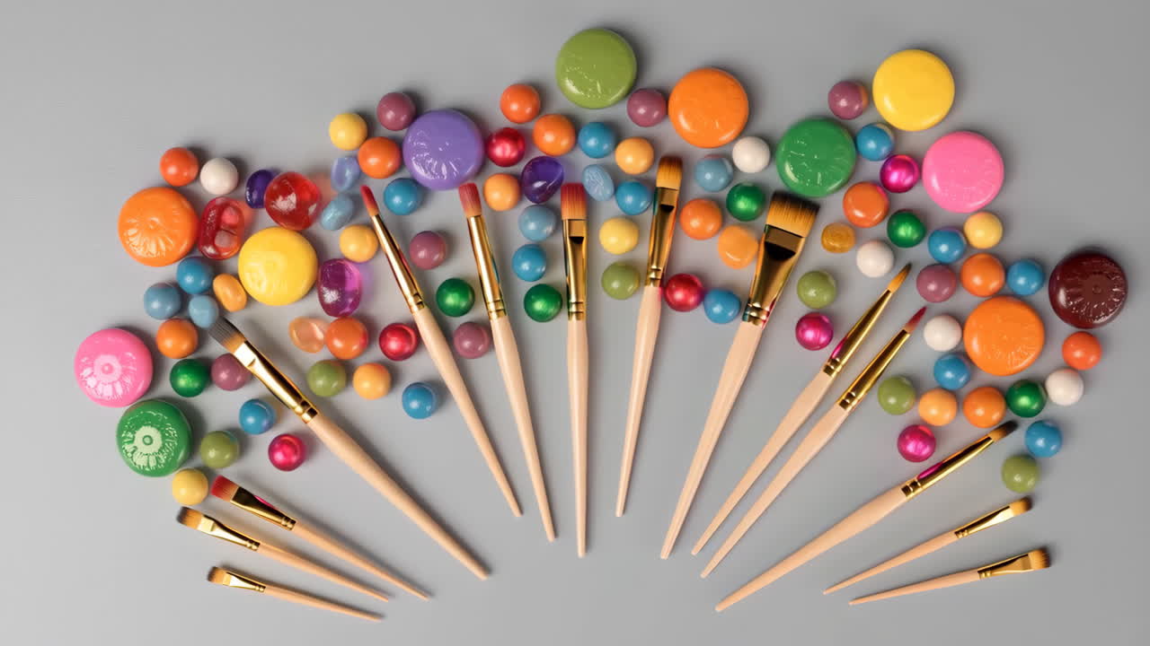Paintbrushes and Colorful Paint Pods Arranged on a Grey Background