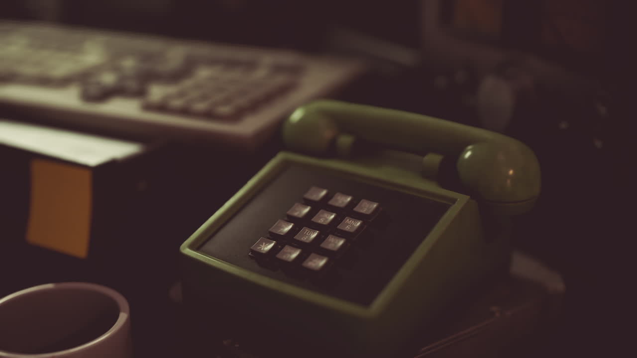 Vintage green telephone on a desk with a keyboard and coffee cup at night