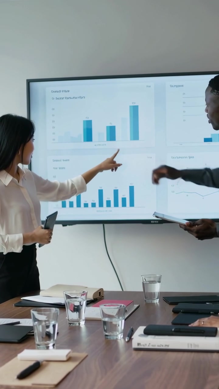 Vertical video: Tapping remote, woman in white pointing at charts at meeting room, man using tablet