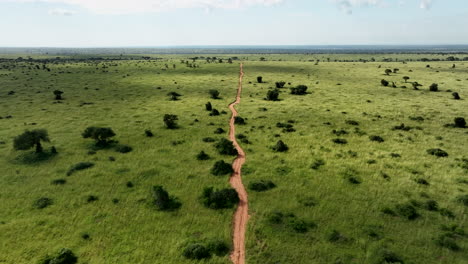 Aerial-view-over-dirt-road-through-the-Murchison-Falls-National-Park-in-Uganda,-Africa