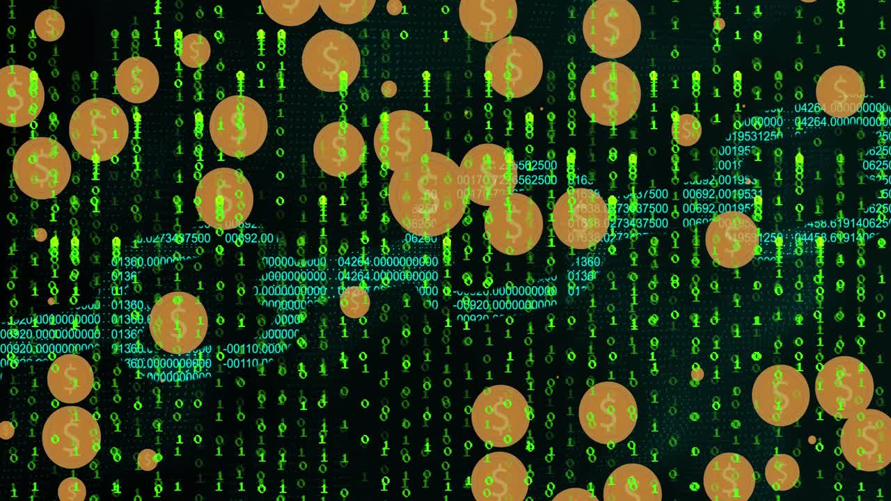 초록색 문자로 검은색 바탕에 있는 달러 기호의 애니메이션