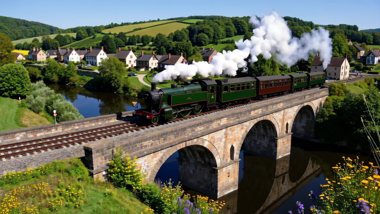 Steam Train Crossing a Bridge in a Picturesque European Village