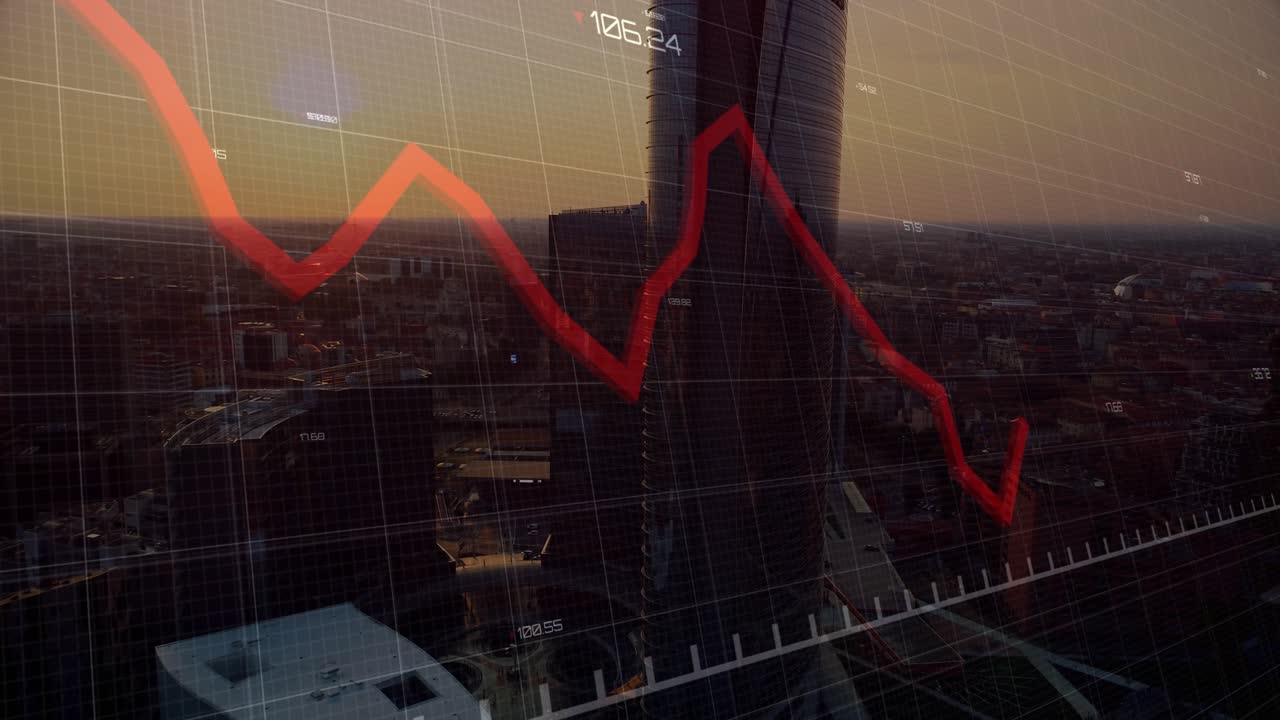 Grid fading over dusk skyline initiating red line rising, dipping, representing market decline