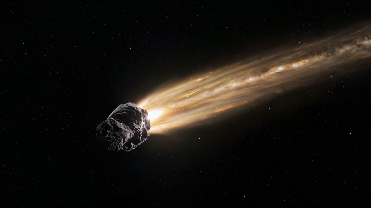 Drifting rocky meteor igniting glowing plasma trail and rotating through starry space, copy space