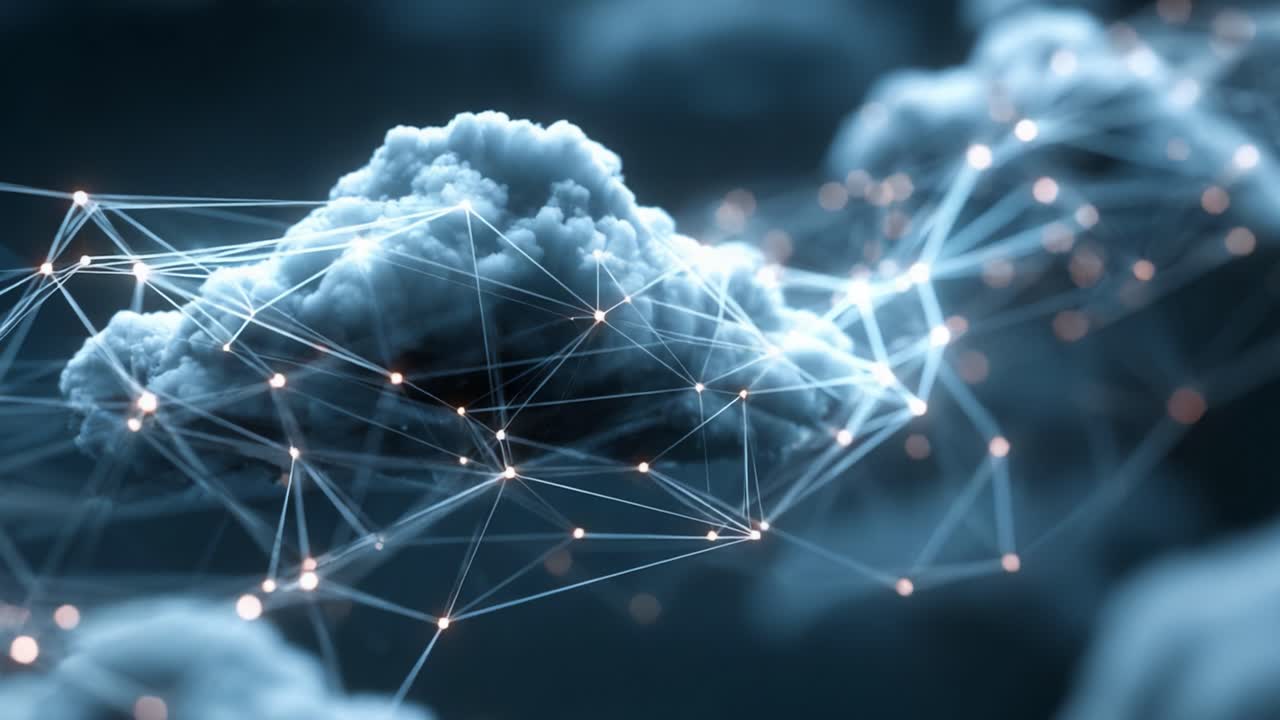 A mesmerizing view of interconnected clouds showcasing a digital network, blending nature's beauty with technology's marvels in an intricate web of light and shadow
