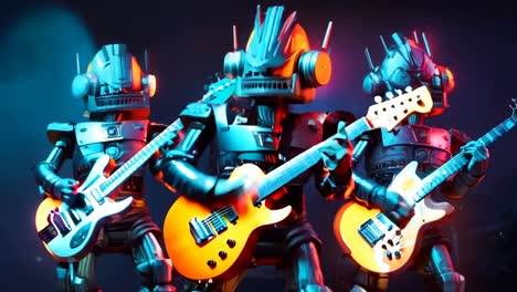 a group of robots playing guitars on a stage