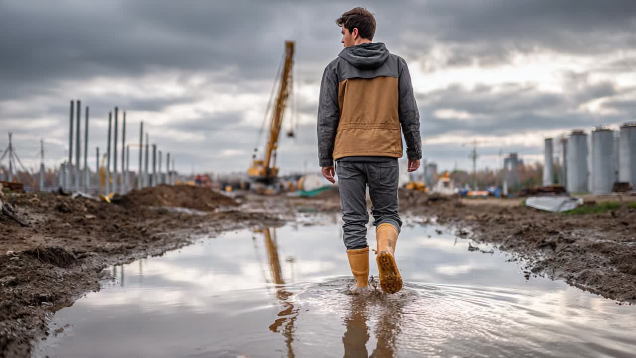 Uomo che cammina in una pozzanghera in un cantiere