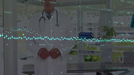 Animation-of-graphs-with-changing-numbers-over-smiling-caucasian-doctor-standing-in-hospital
