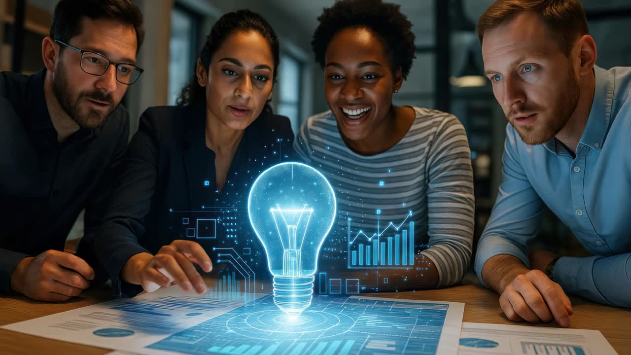 A diverse team excitedly observes a holographic light bulb and graphs, captured from a low angle