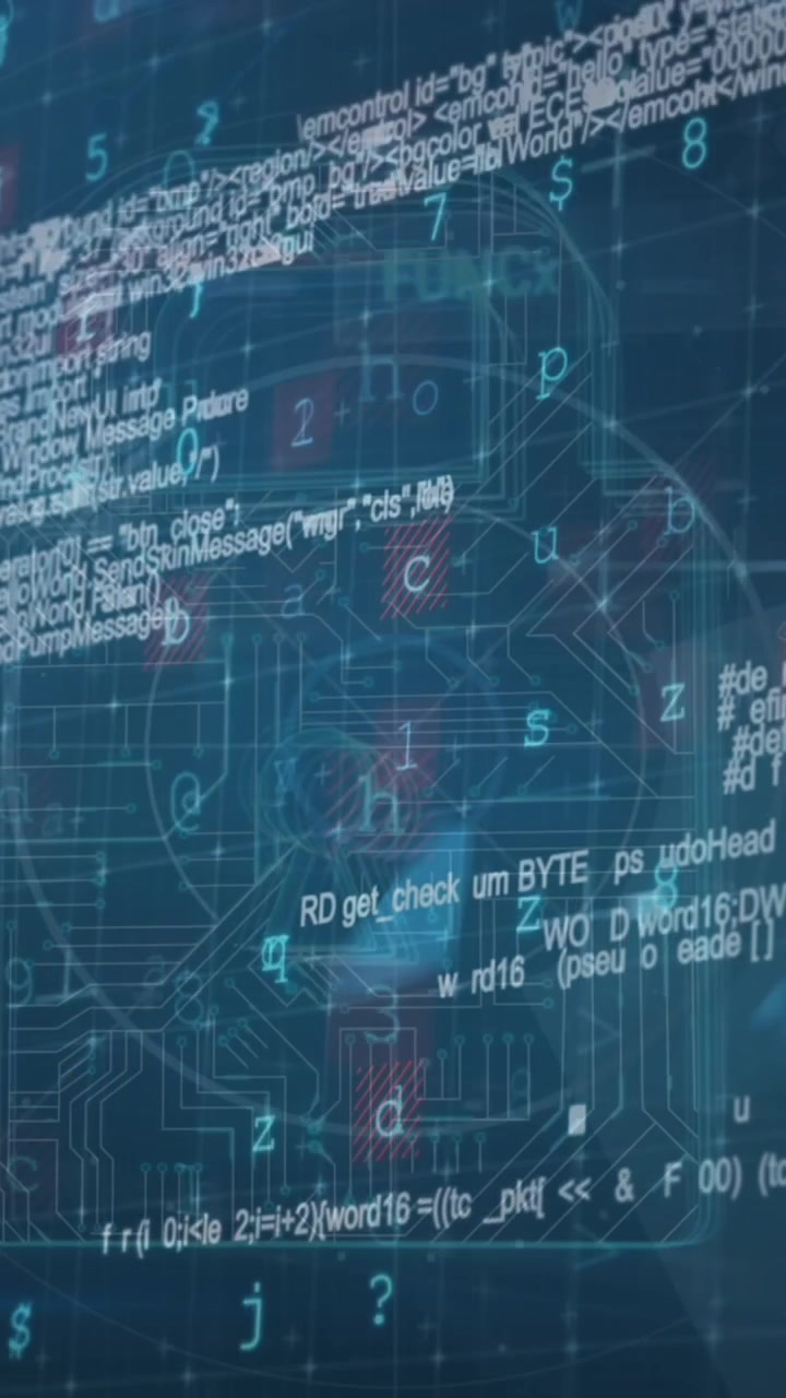 Animation of digital data processing over dark background